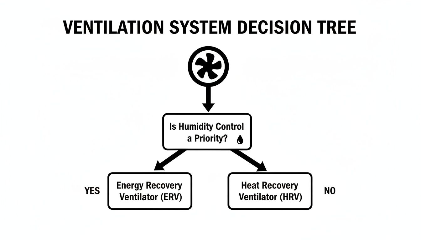 A ventilation system decision tree guides choosing between ERV and HRV based on humidity control priority.