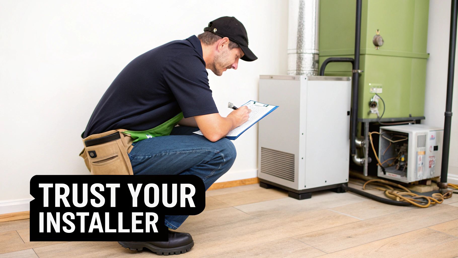 An HVAC technician squats, writing on a clipboard while inspecting a furnace and HVAC system.