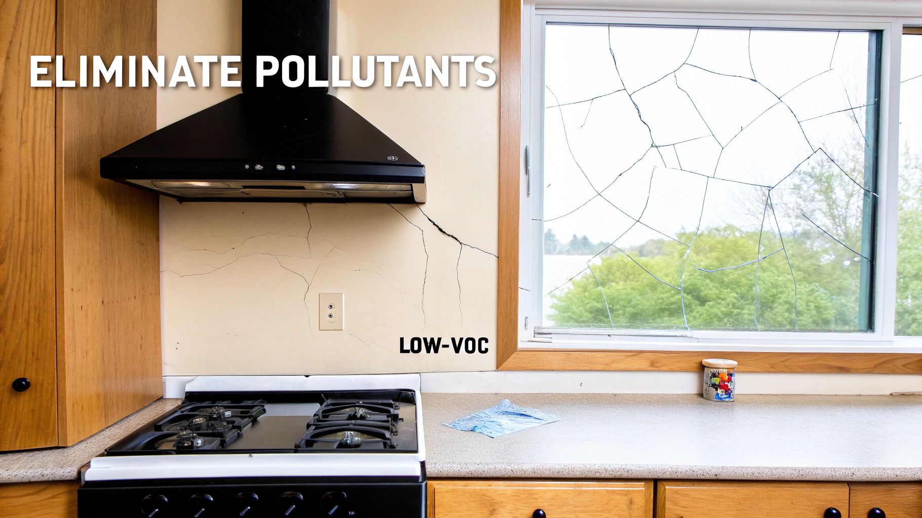 A kitchen with cracked walls, a range hood, and a broken window, highlighting a message to 'ELIMINATE POLLUTANTS' and 'LOW-VOC'.