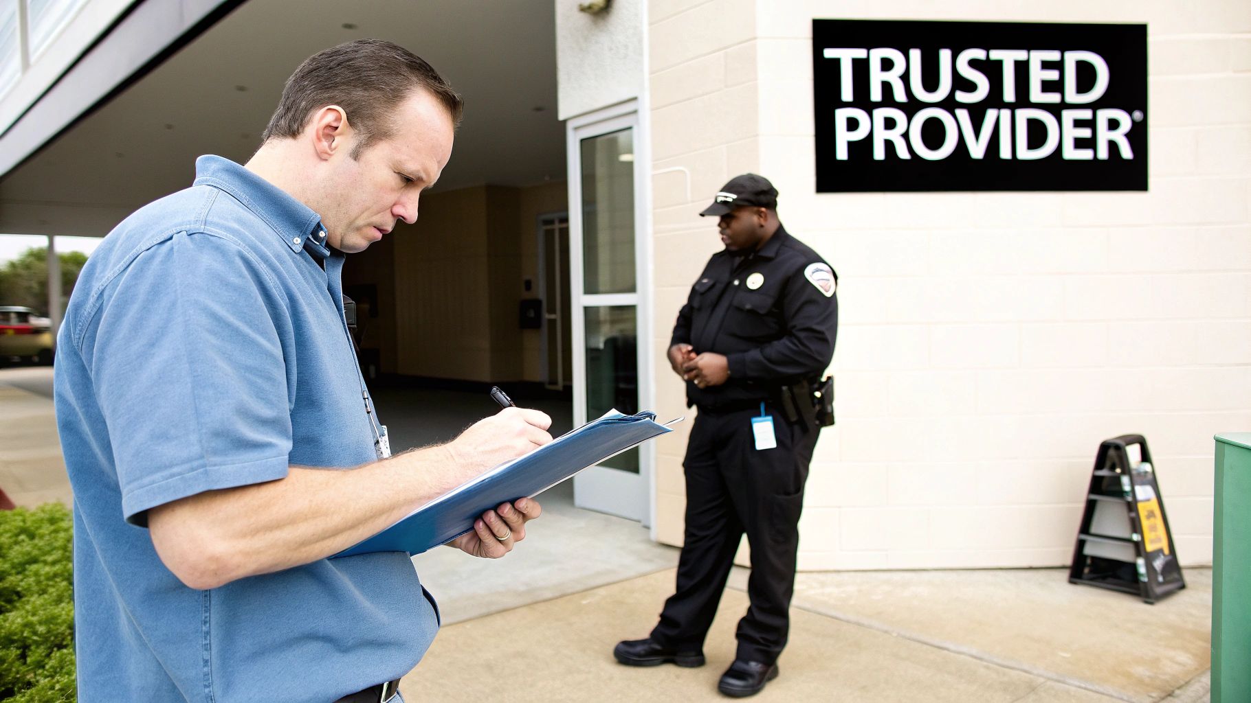 The Ultimate Guide to Commercial Air Duct Cleaning in Canada 3 A man in a blue shirt writes on a clipboard next to a uniformed security guard.