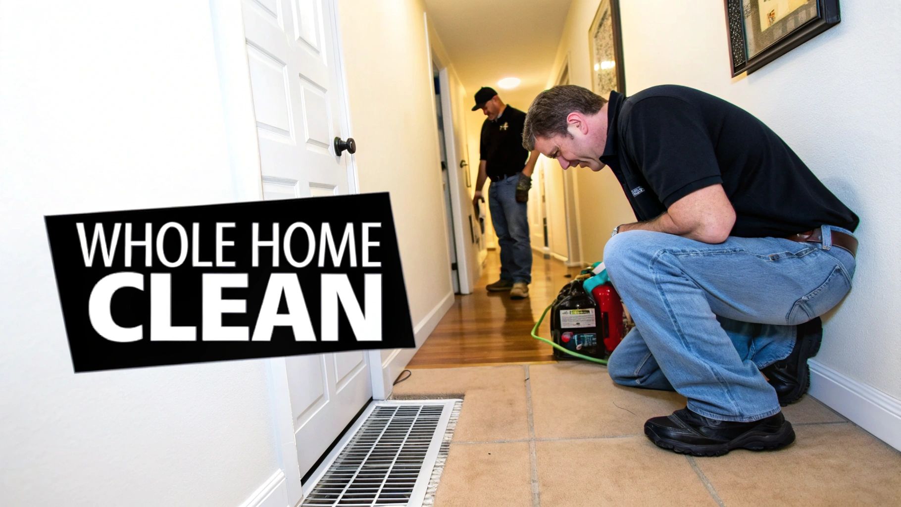 Two men performing a whole home clean, one technician inspecting a floor air vent with equipment.