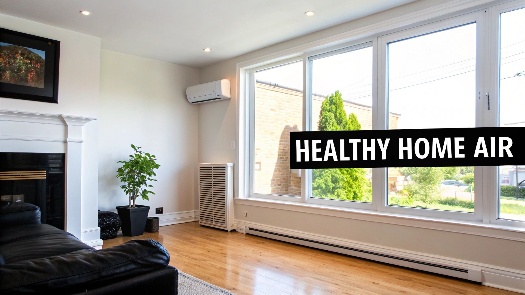 Modern living room with large windows, an air conditioning unit, and 'HEALTHY HOME AIR' text.