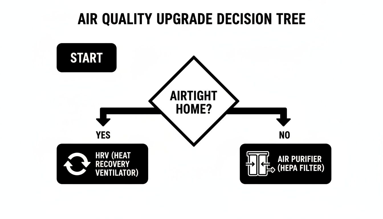 Decision tree for air quality upgrades, recommending HRV for airtight homes and air purifiers otherwise.