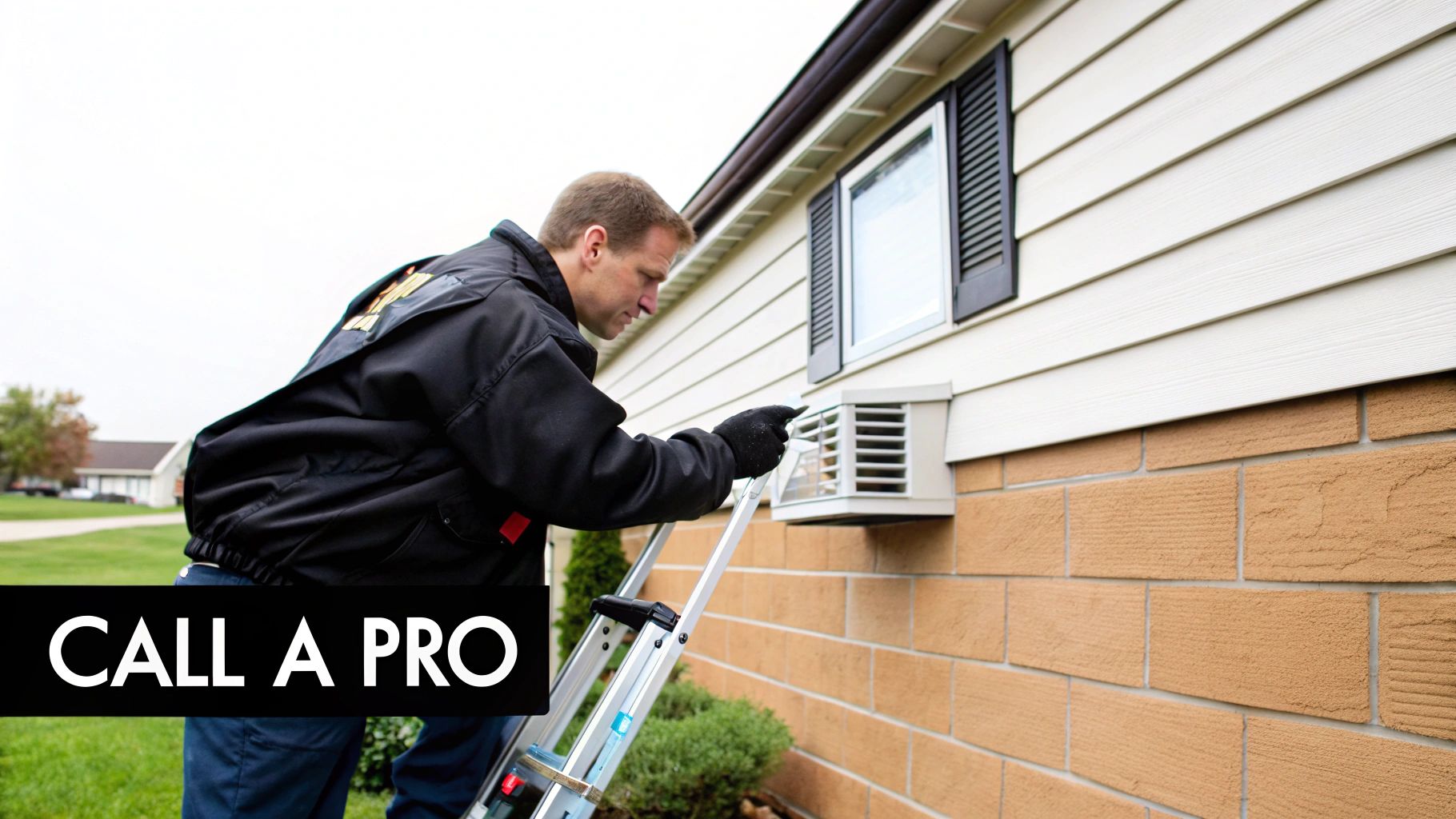 How to Clean Dryer Vent: A Guide for Canadian Homeowners 3 A professional technician on a ladder servicing an outdoor air conditioning unit on the side of a house.