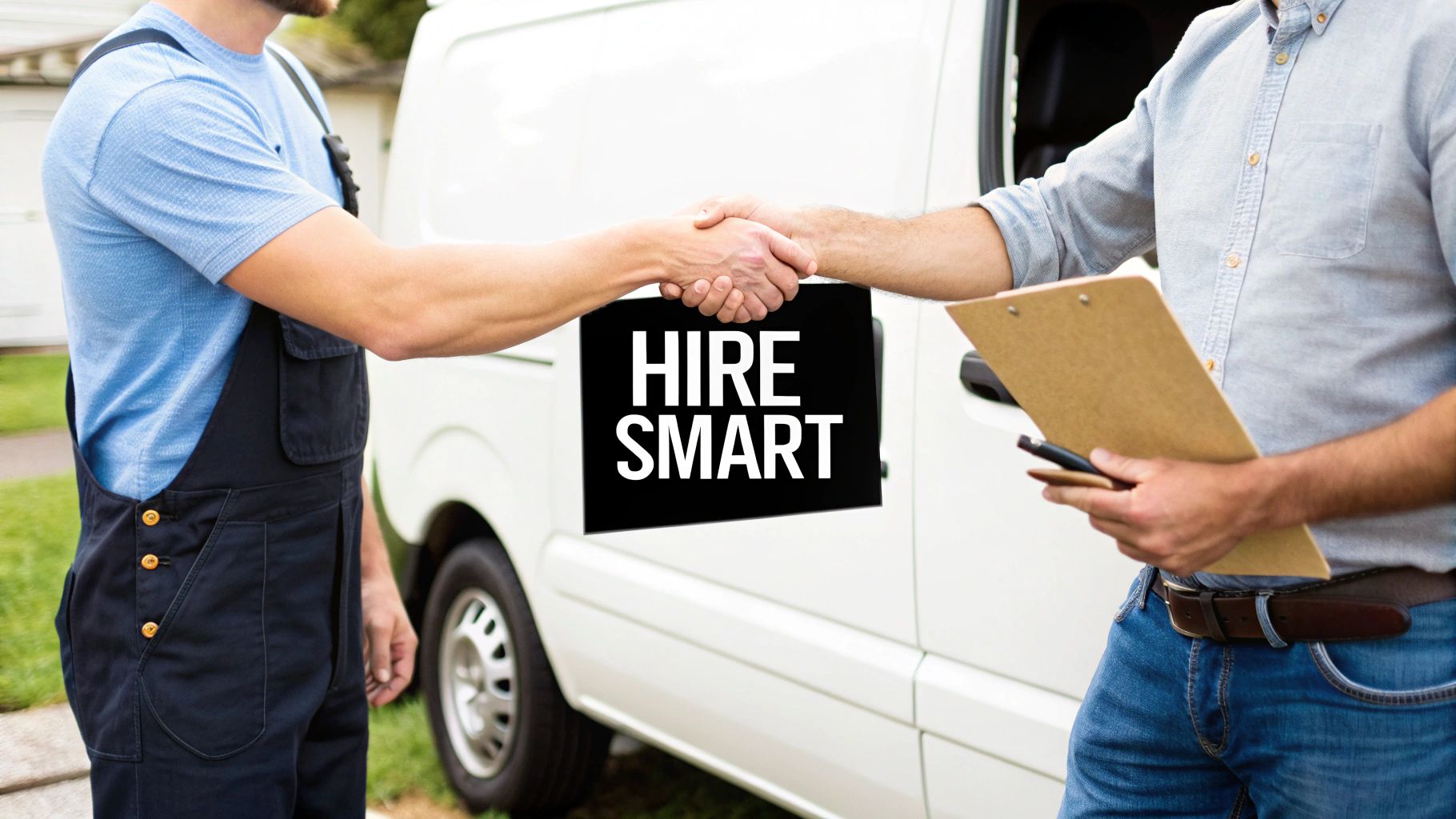 Two men shake hands in front of a white van with a 'HIRE SMART' sign, symbolizing a business agreement.