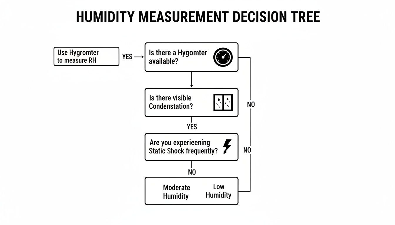 A humidity measurement decision tree flowchart, guiding users to determine humidity levels using a hygrometer or observational signs.