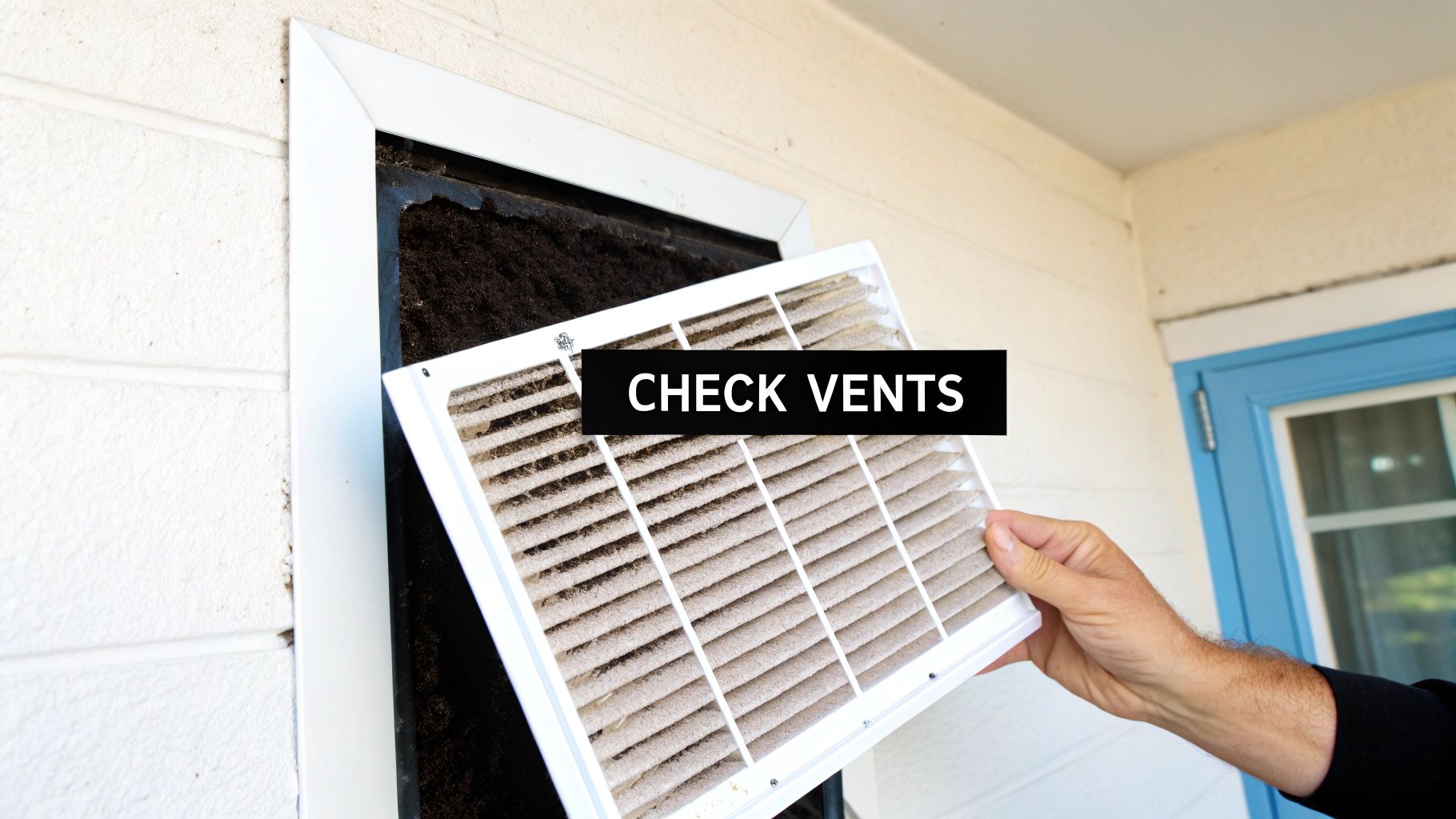 8 Unmistakable Signs of Mold in House You Can't Ignore in 2025 3 A hand holds a very dirty air filter covered in dust and grime, revealing dark mold inside a house vent.