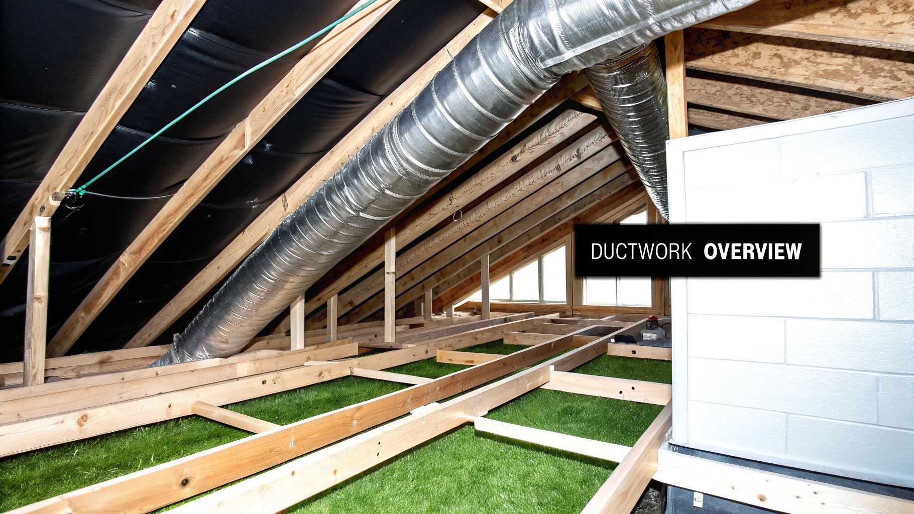 A technician working on installing new, shiny metal ductwork in an unfinished basement ceiling.