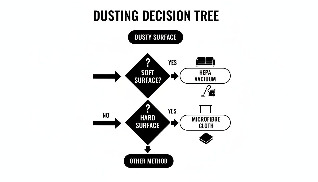 A dusting decision tree flowchart guiding users on how to clean soft and hard surfaces.