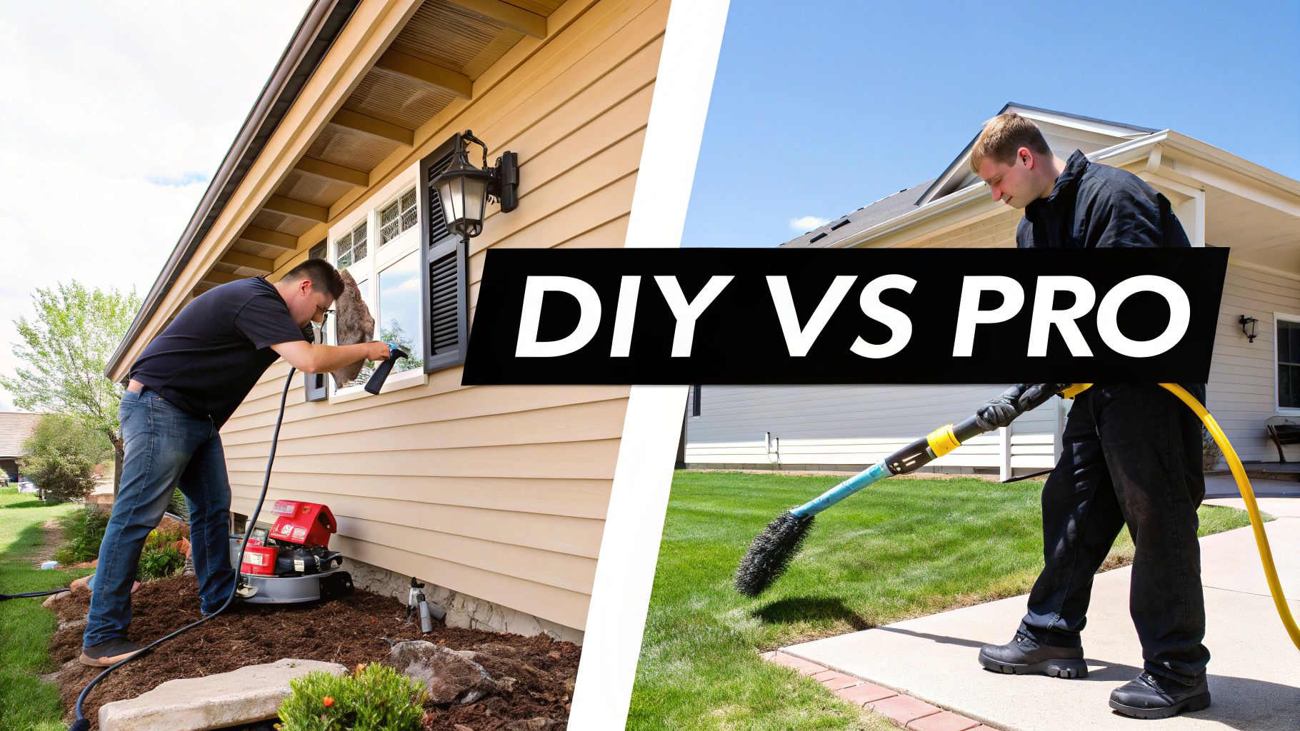 Split image comparing DIY home maintenance versus professional service, featuring two men working on a house.