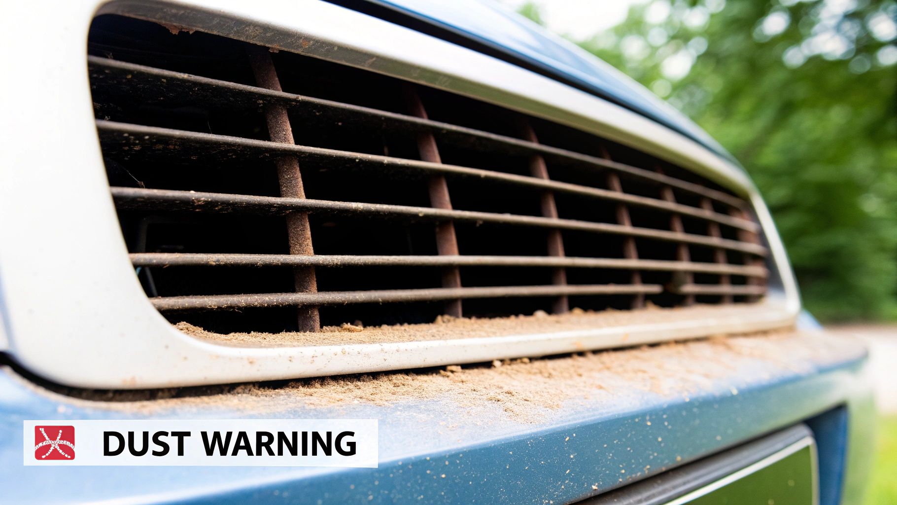 A close-up shot of a dirty, dusty air vent cover, showing the buildup of grime.