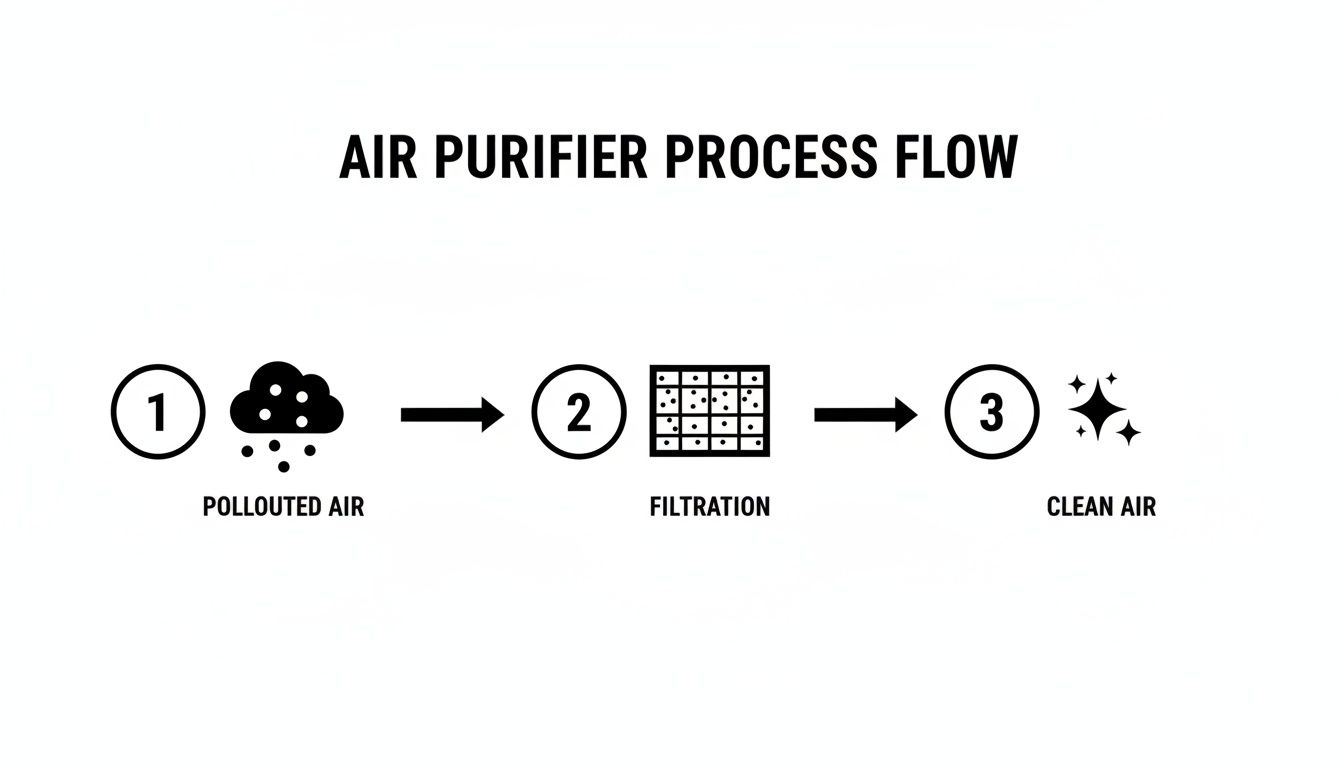 Diagram illustrating the air purifier process flow from polluted air through filtration to clean air.
