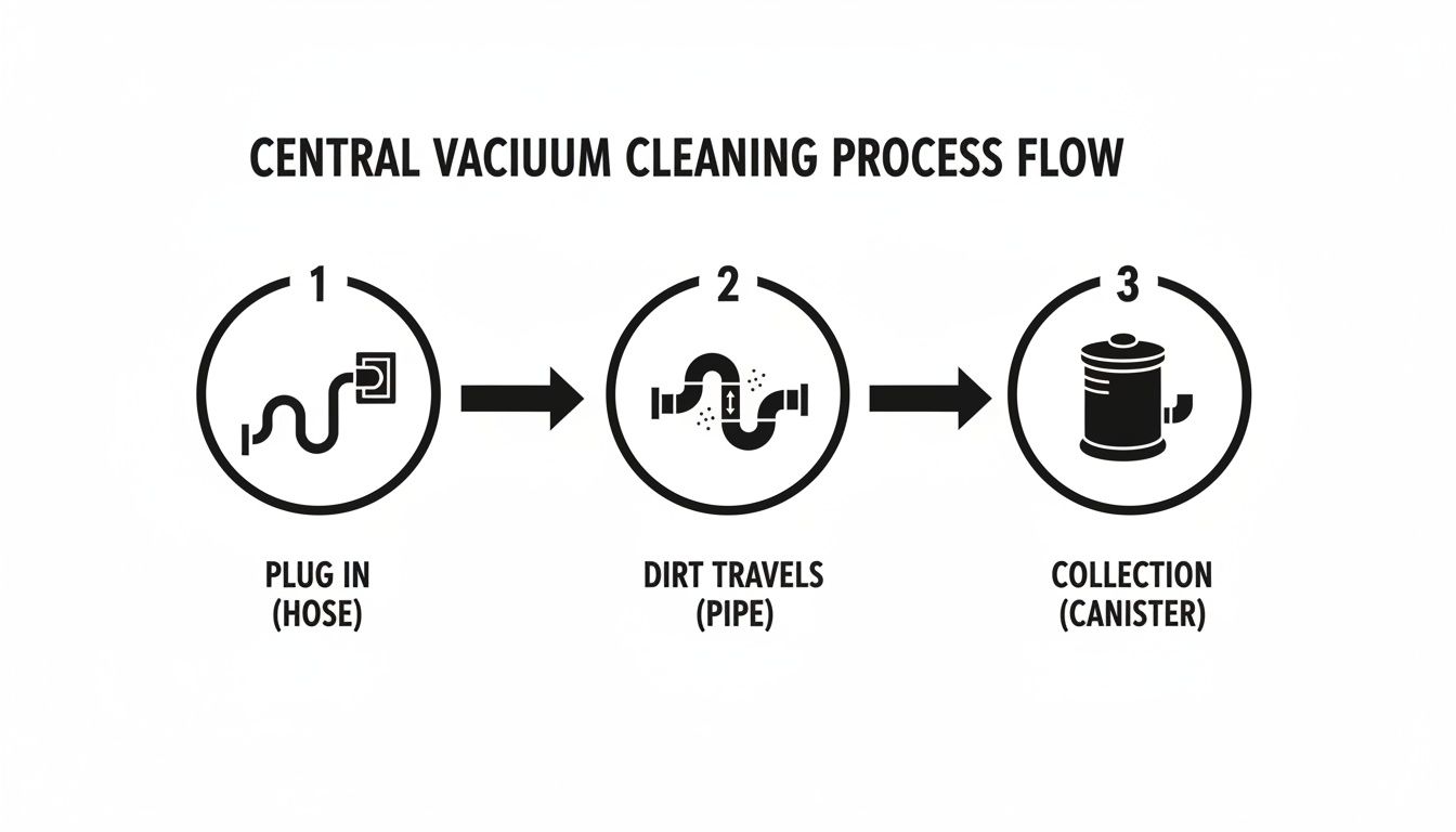 What Is a Central Vacuum System and How Does It Work in a Canadian Home? 1 Diagram illustrating the three steps of a central vacuum cleaning process flow from hose to collection.