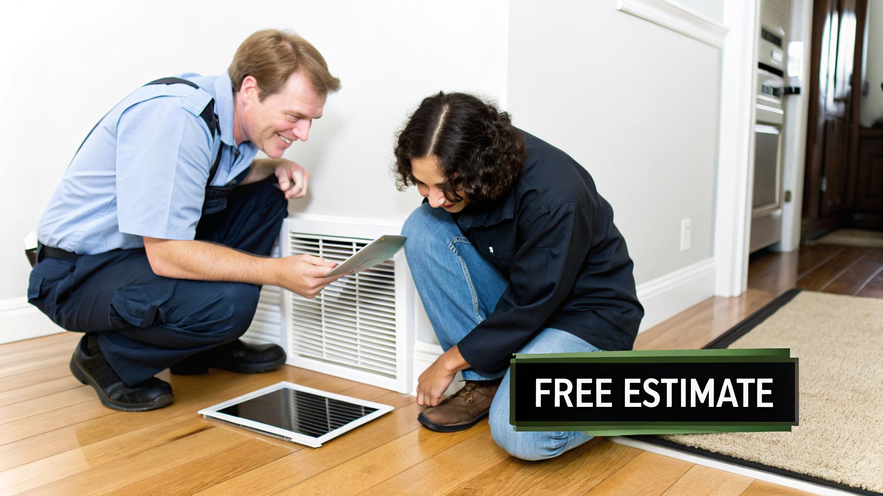 A smiling HVAC technician shows a document to a customer while inspecting a floor vent, with a tablet nearby.