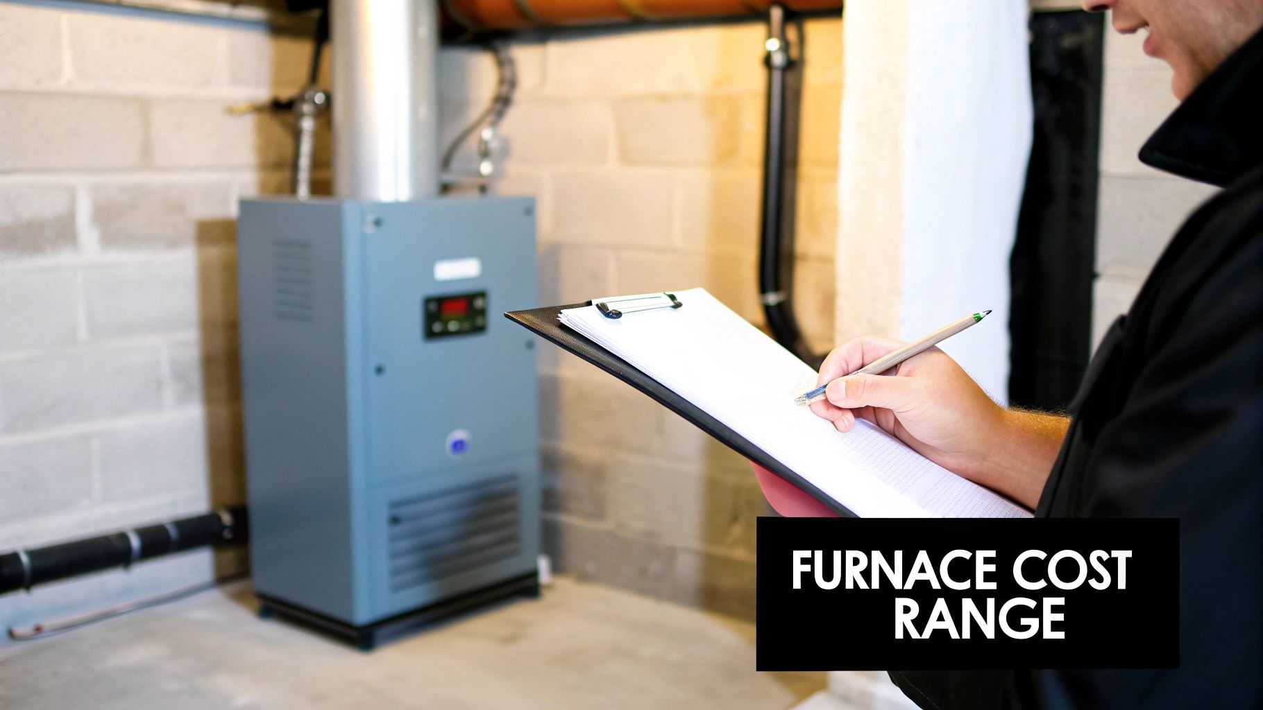 A modern, high-efficiency furnace unit installed in a clean basement setting.