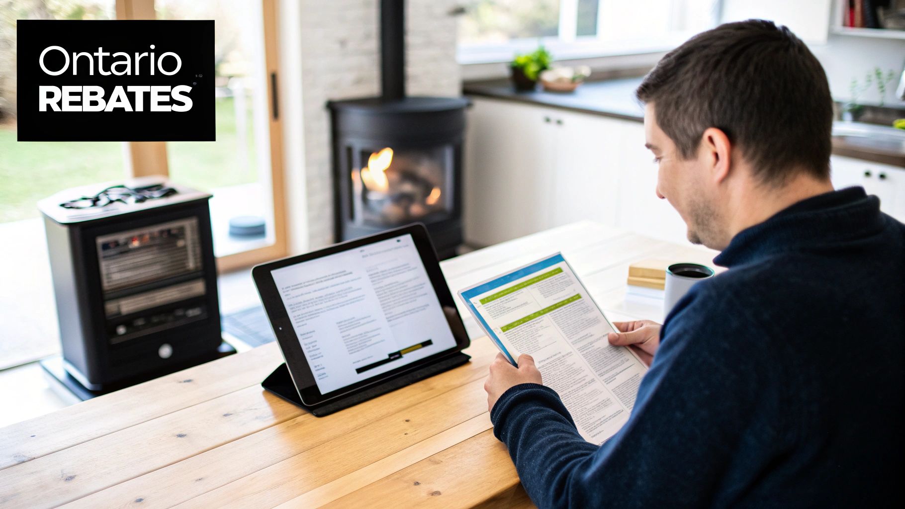 Man studying Ontario rebates information on paper and a tablet next to a portable heater.