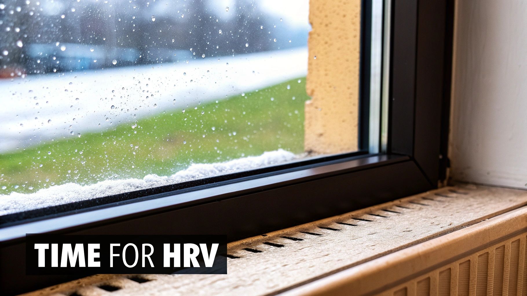 A window with rain drops and snow on the sill, overlooking a snowy green lawn with a dusty radiator below.