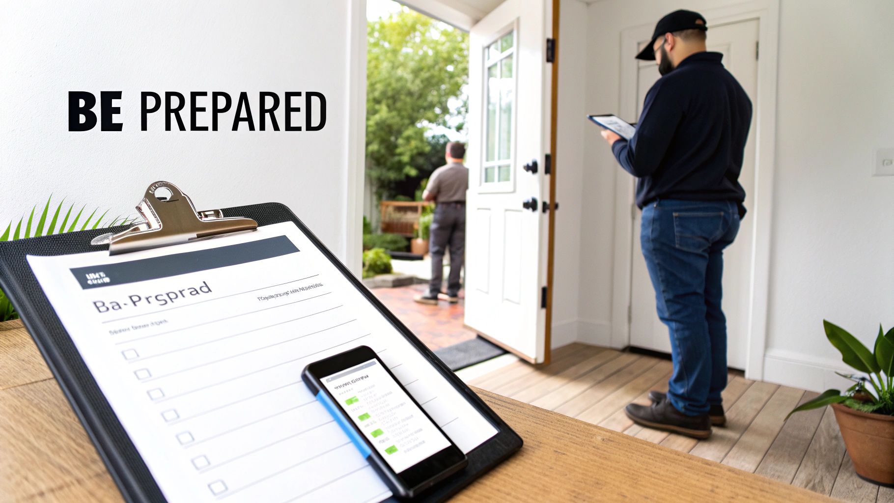 A clipboard, smartphone, and 'BE PREPARED' text on a wall, depicting a home service visit.