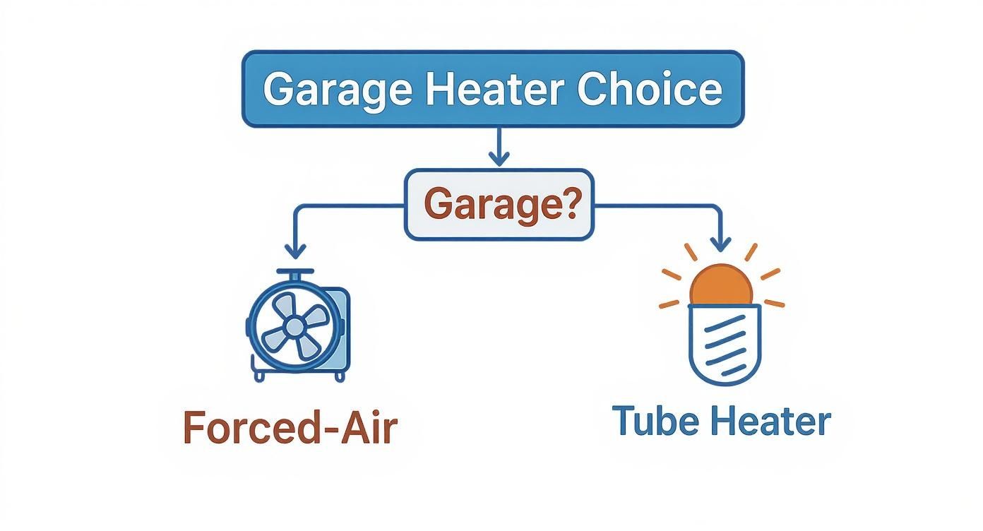 A flowchart illustrating garage heater choice between forced-air heaters and tube heaters.