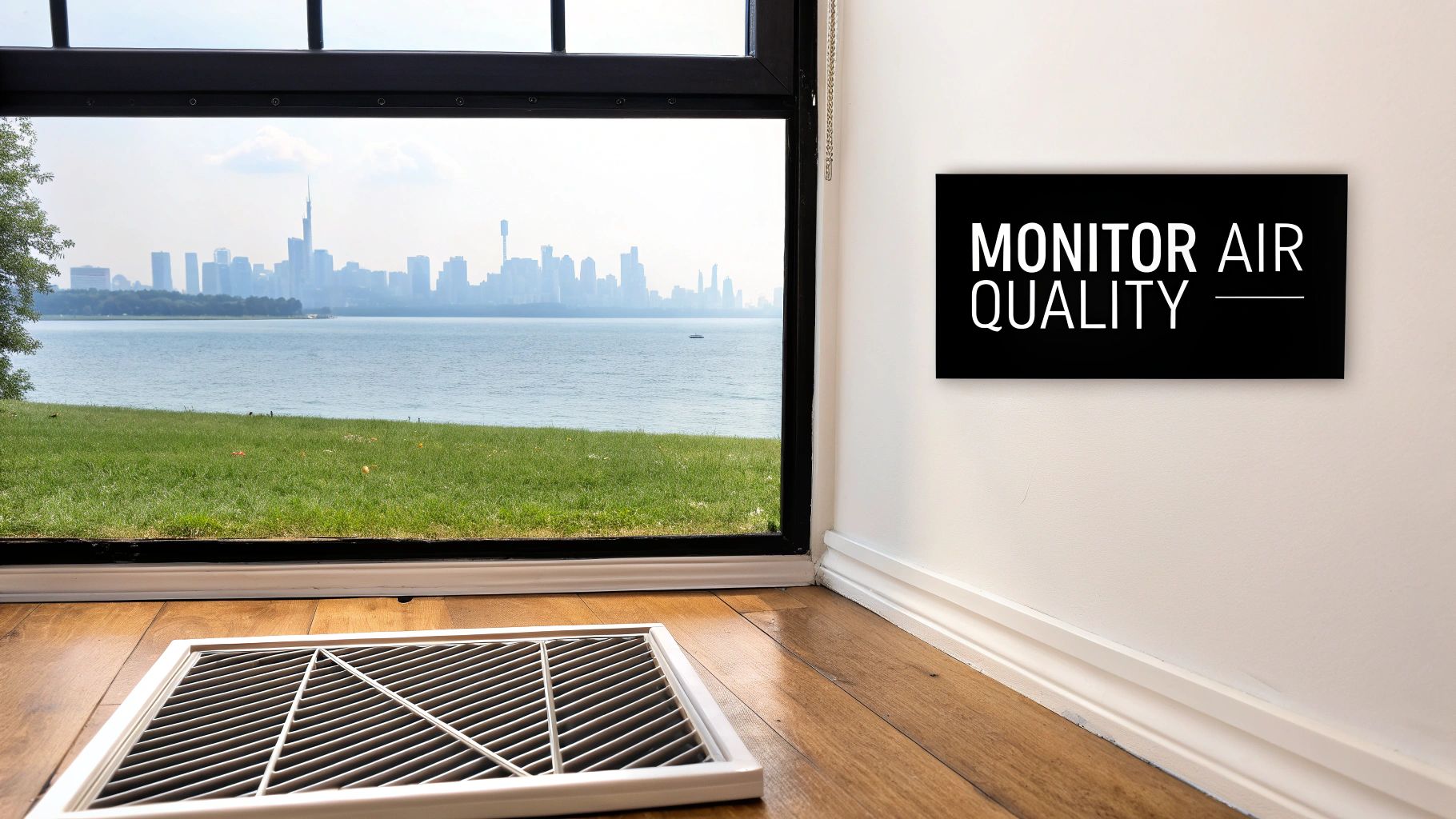 A furnace filter on a wooden floor, with a city skyline visible through a window and an 'AIR QUALITY' sign on the wall.