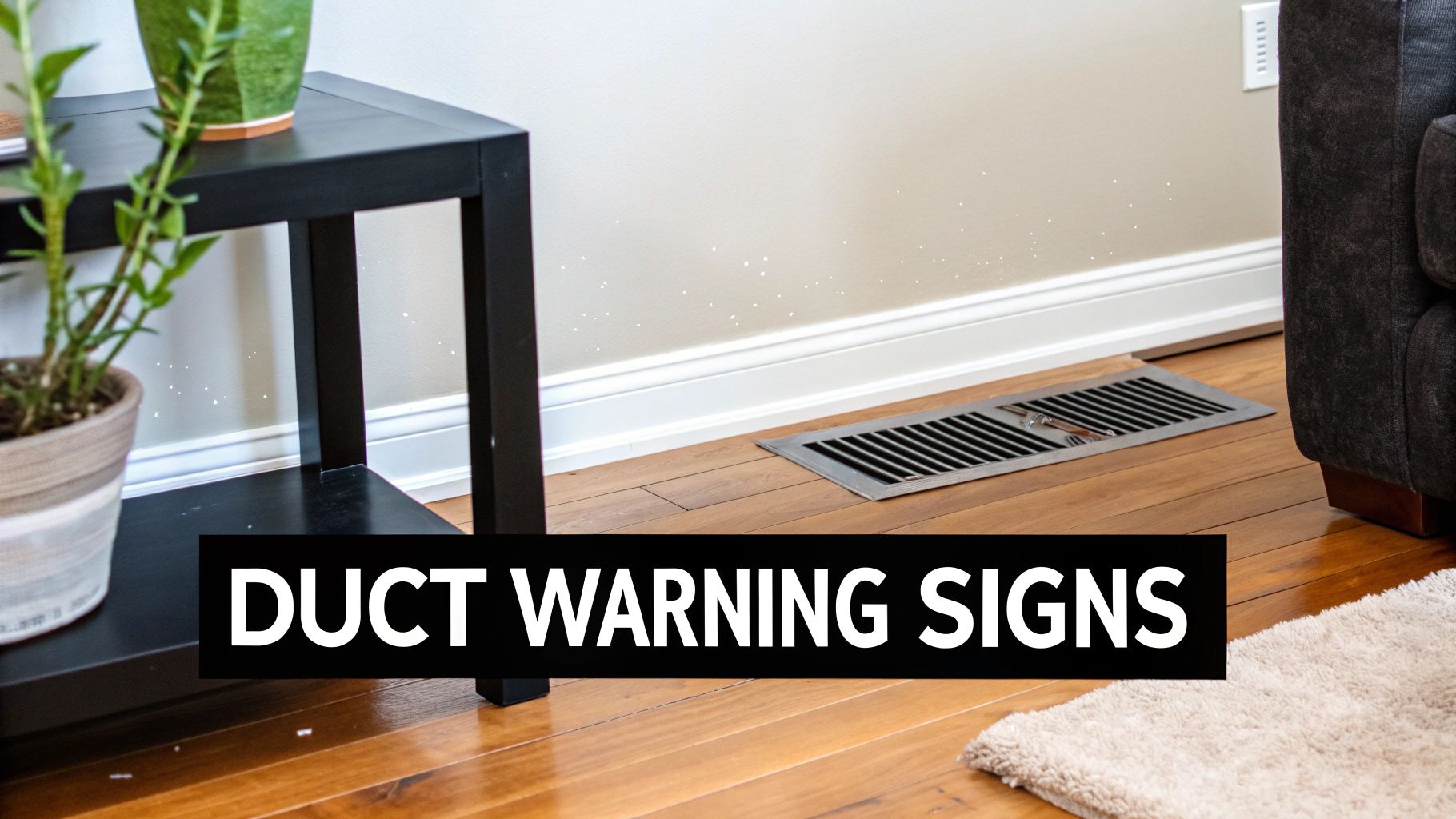 An indoor scene showing a floor duct vent, a plant, and a black table, with text 'DUCT WARNING SIGNS'.