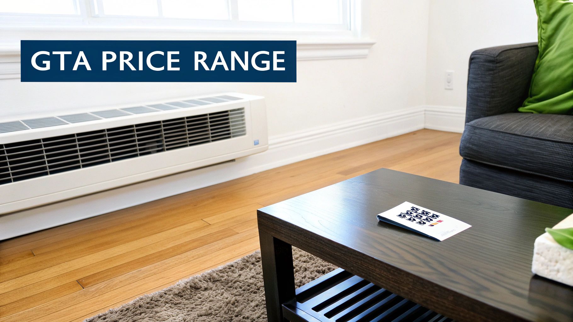 An indoor space with a baseboard heater, wooden floor, and a coffee table. A banner displays 'GTA PRICE RANGE'.