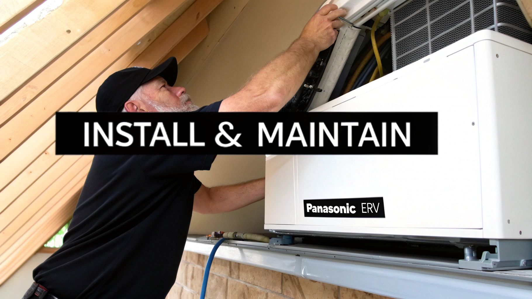 A technician installs or maintains a Panasonic Energy Recovery Ventilator (ERV) unit in an attic.