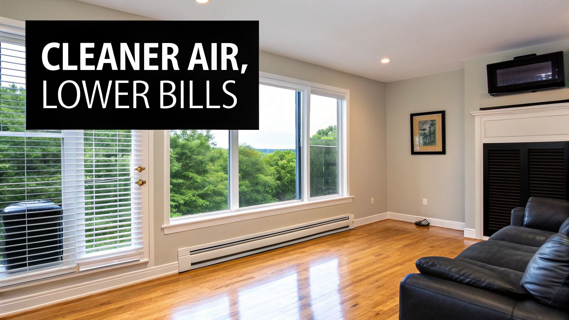 Modern living room with air purifier, large windows, and baseboard heater, emphasizing cleaner air and lower energy bills.