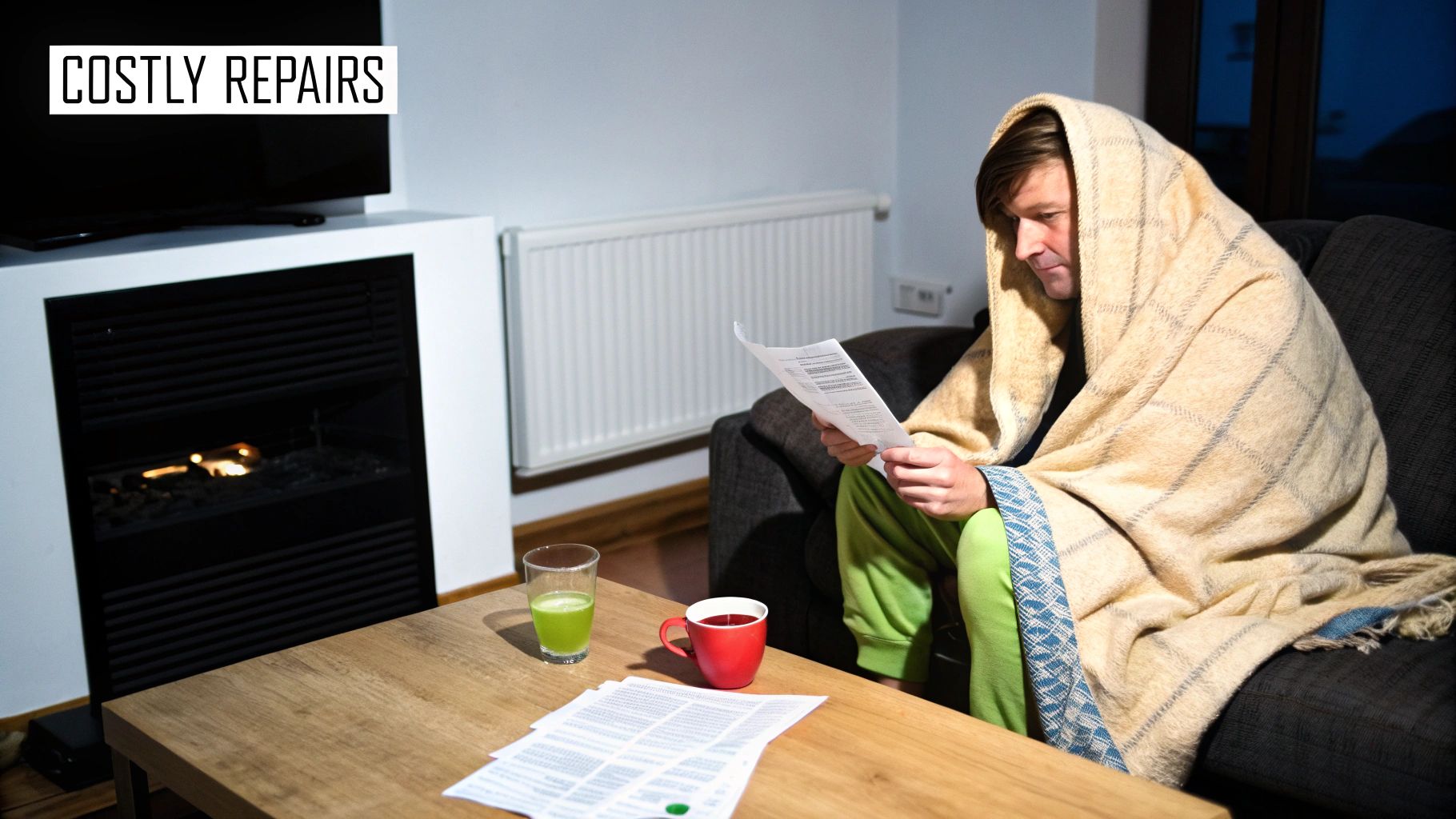A person bundled in a blanket on a sofa reads documents, possibly bills, near a fireplace and radiator.