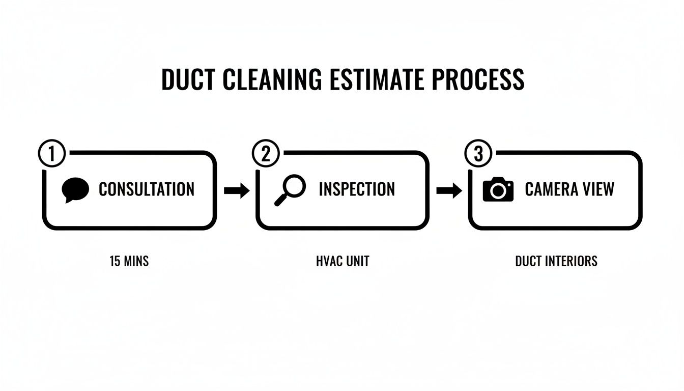 A diagram outlining the three-step duct cleaning estimate process: consultation, HVAC inspection, and duct interiors camera view.