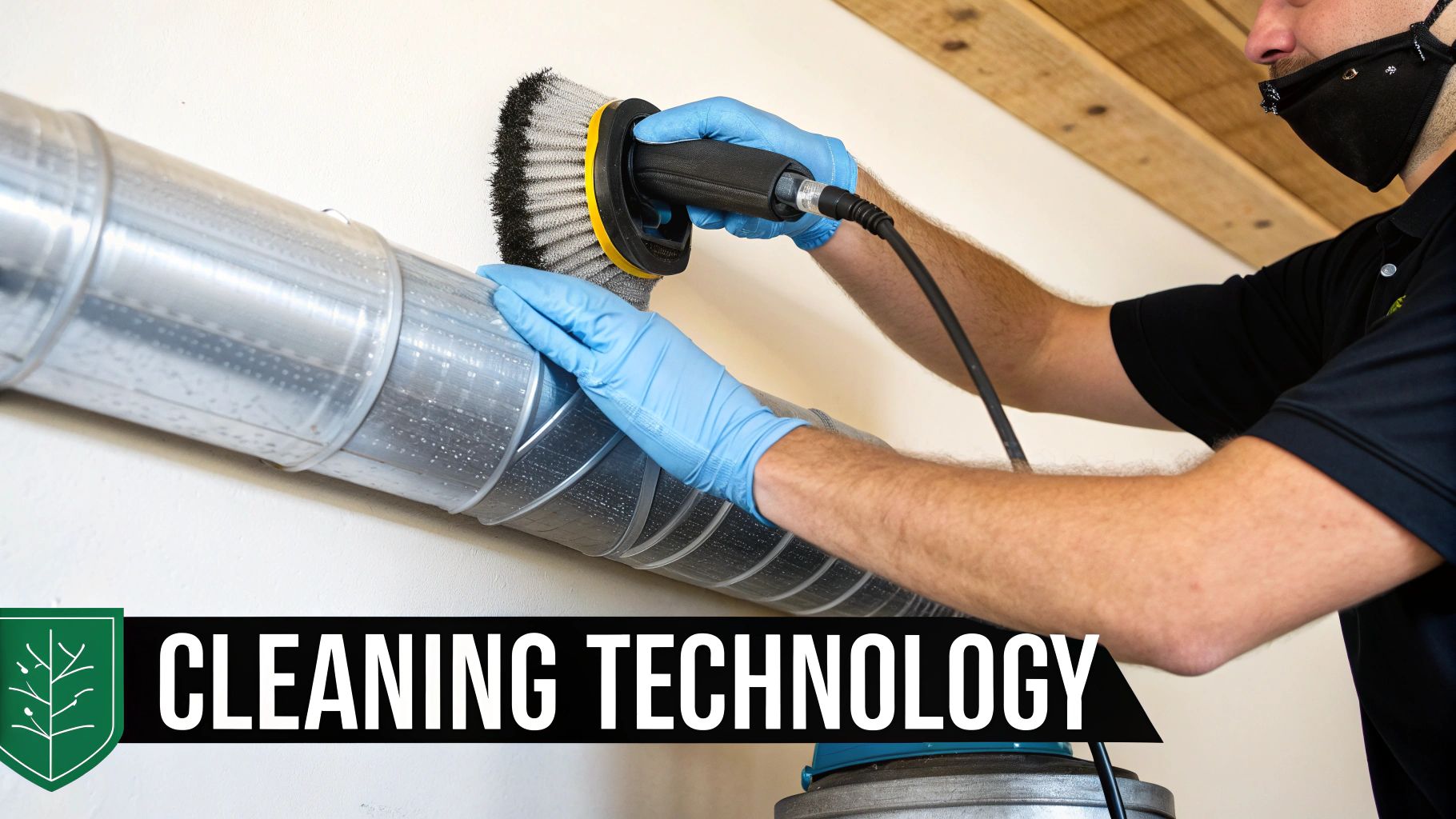 Technician cleaning air duct with rotary brush and vacuum system.