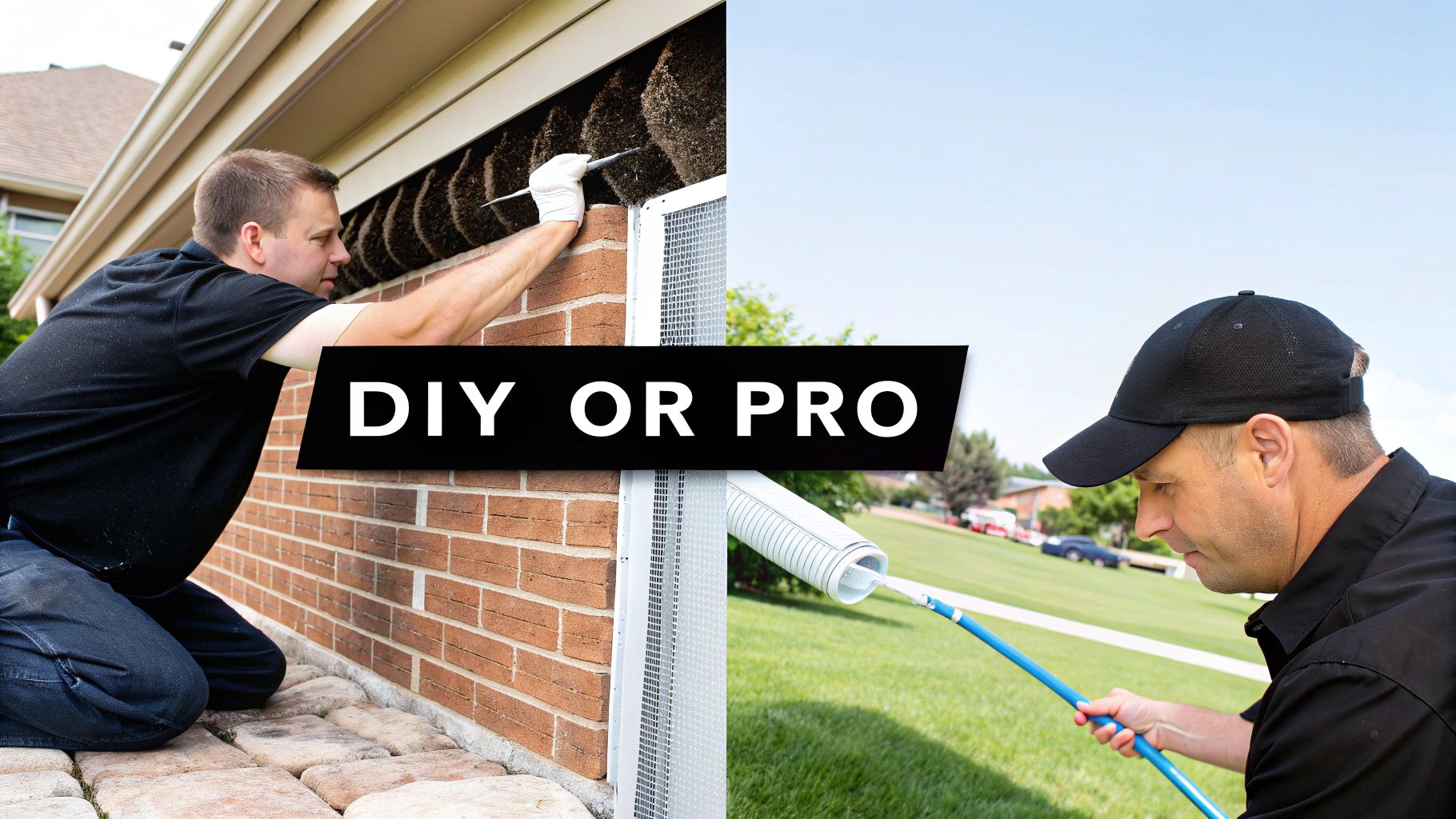 A split image showing a man cleaning a house vent and another man using a long tool on a lawn, with "DIY OR PRO" text.