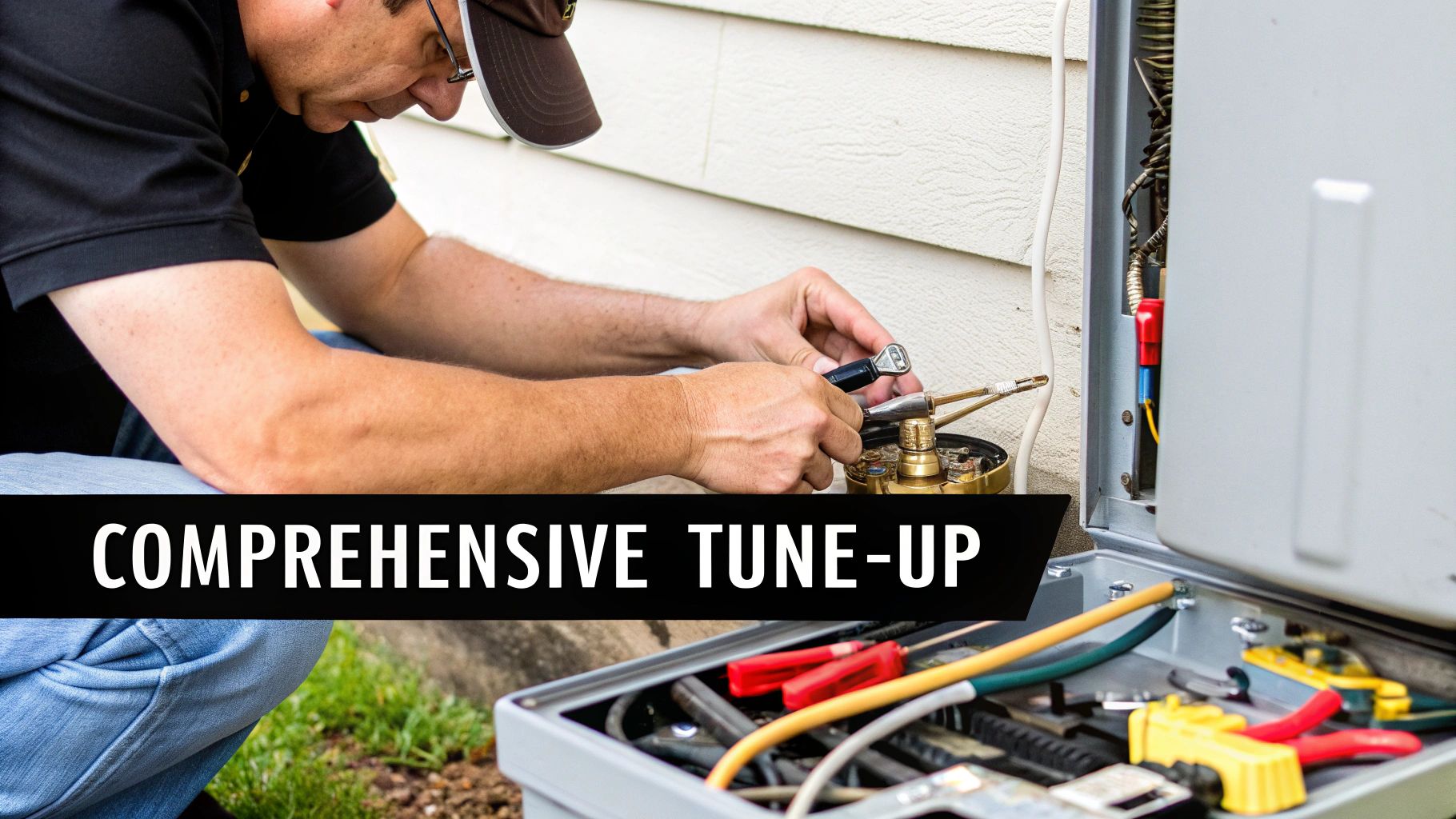 A technician performs a comprehensive tune-up on outdoor utility equipment near a building.