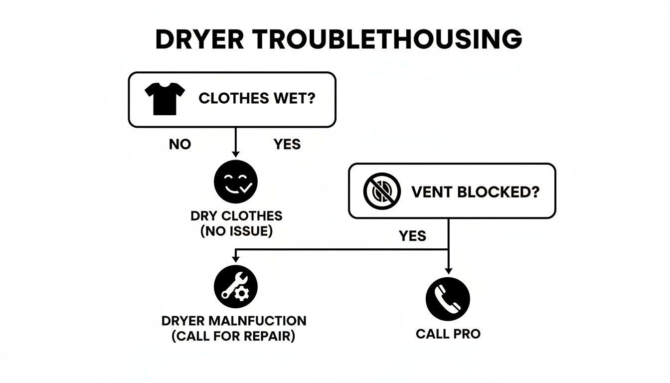 GTA Dryer Duct Cleaning: A Guide to Home Safety and Efficiency 2 A flowchart for dryer troubleshooting, guiding actions based on whether clothes are wet.