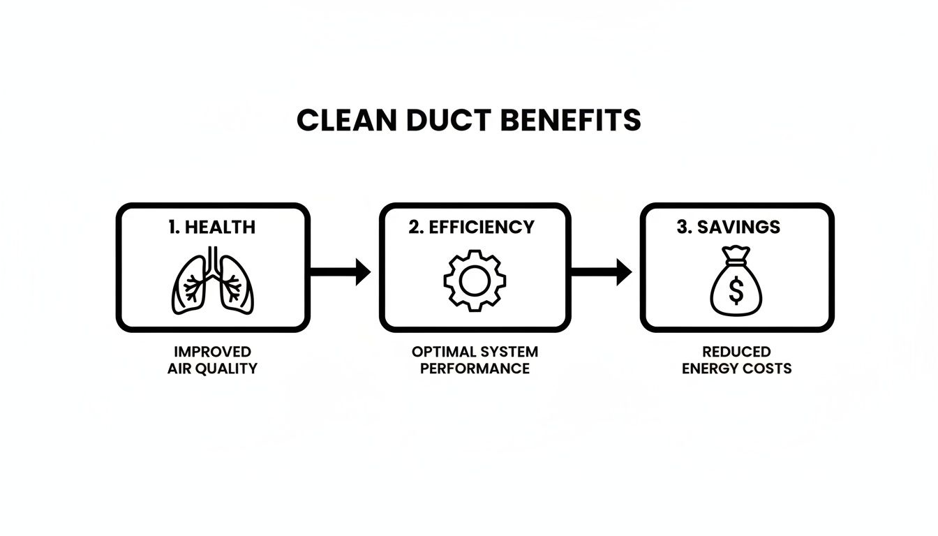 Infographic showing three benefits of clean ducts: improved health, optimal efficiency, and reduced energy costs.