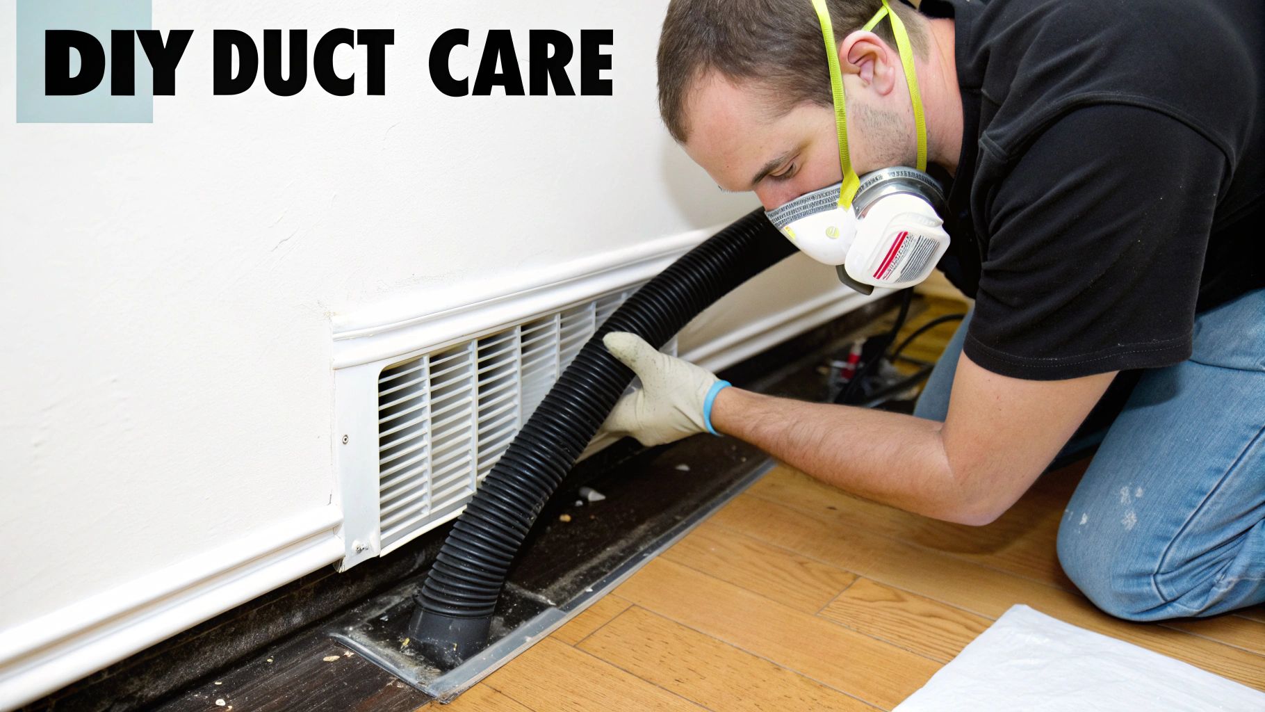 Cleaning Furnace Ducts: Your Guide to a Healthier Canadian Home 2 A person wearing a respirator mask and gloves cleans a floor air vent with a black vacuum hose, illustrating DIY duct care.