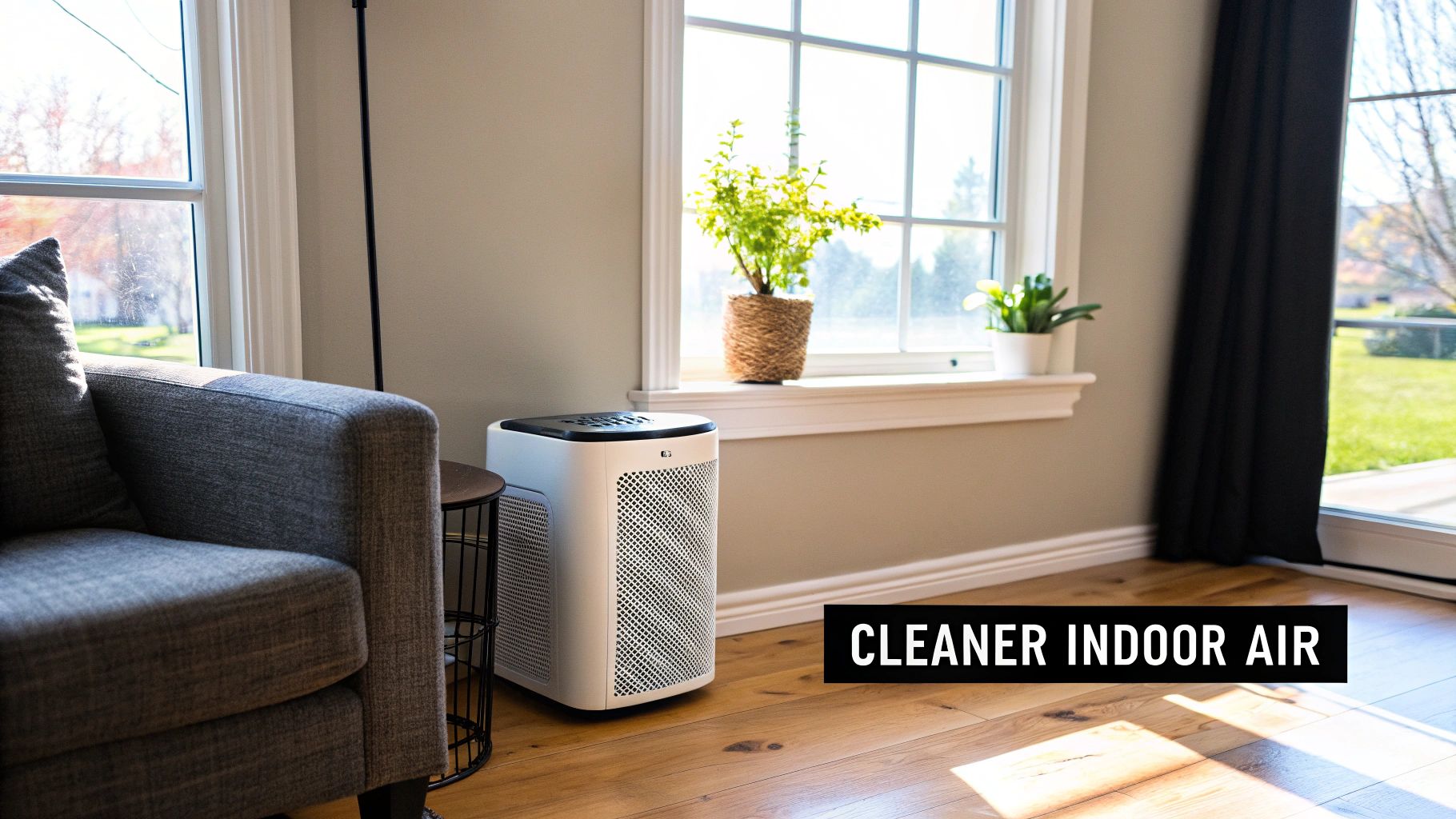 A modern white air purifier sits in a bright living room with a grey sofa and plants, promoting cleaner indoor air.