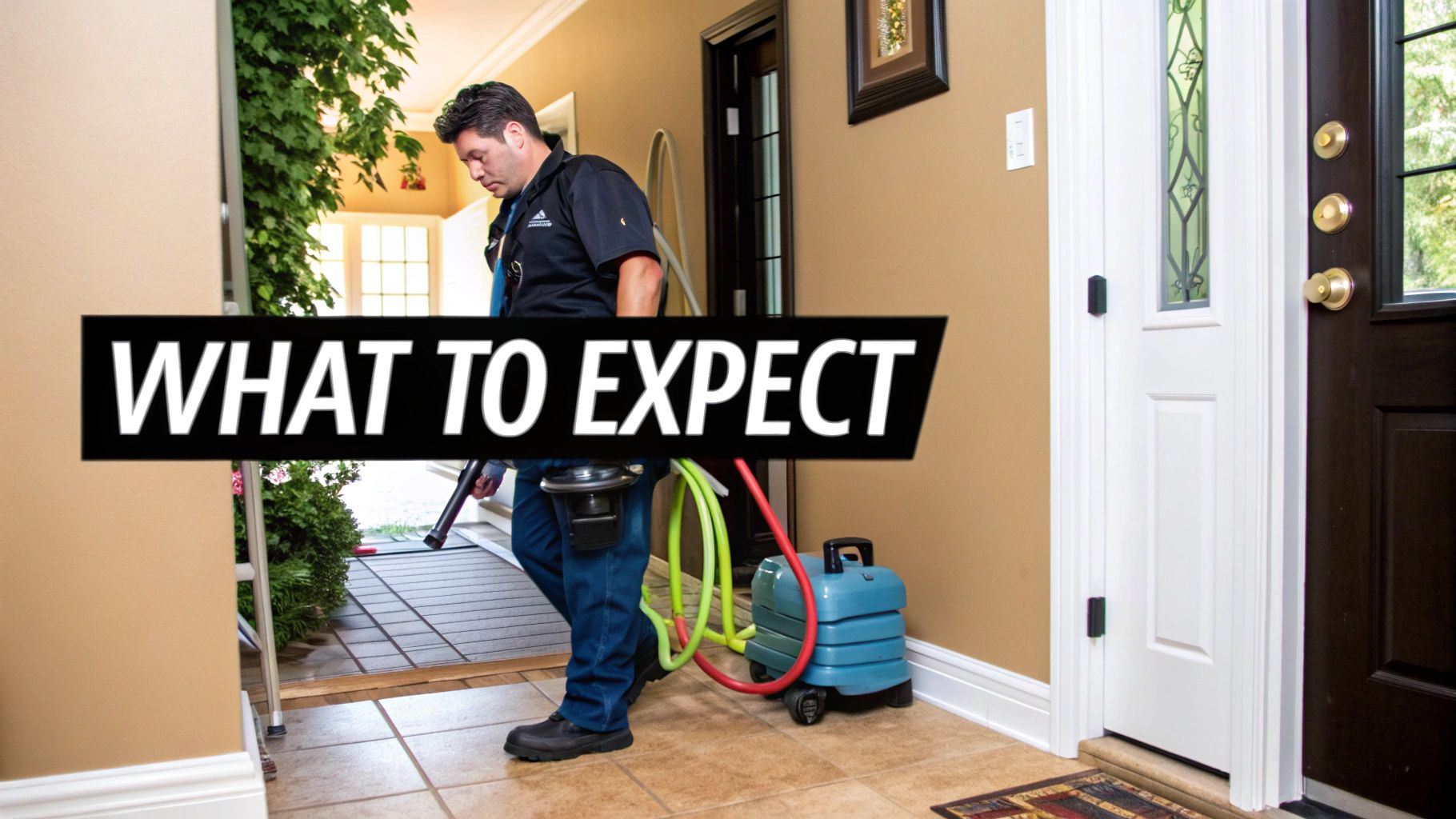 A Canadian Homeowner's Guide to Cleaning Ducts Near Me 3 Professional male technician entering a home, carrying tools and hoses for a cleaning service.