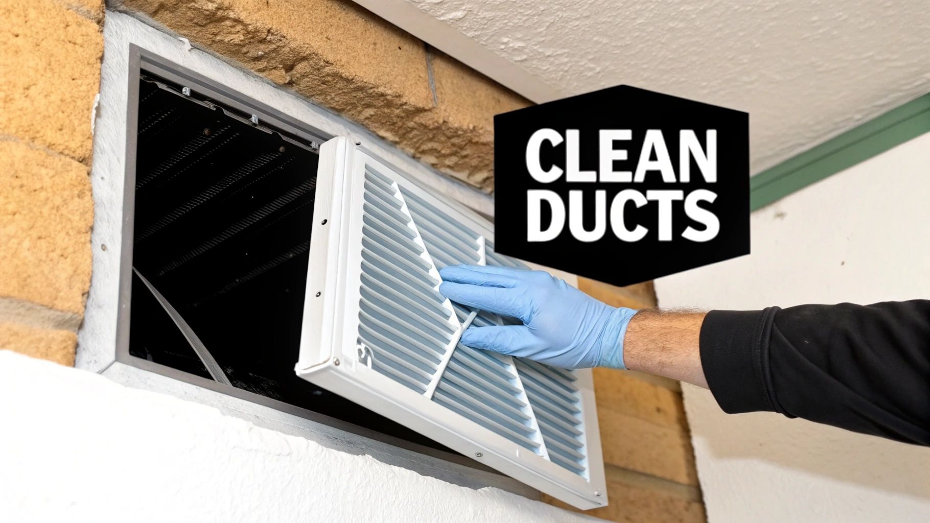 How to Prevent Mold in Basement: A Canadian Homeowner's Guide 3 A person in blue gloves removes a white air vent cover, exposing a dark duct opening. 'CLEAN DUCTS' text overlay.