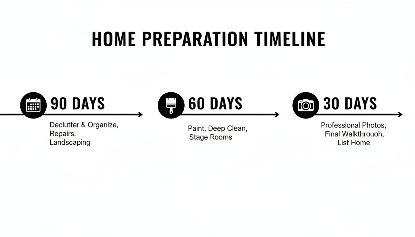 A home preparation timeline showing steps for decluttering, repairs, cleaning, staging, and listing.