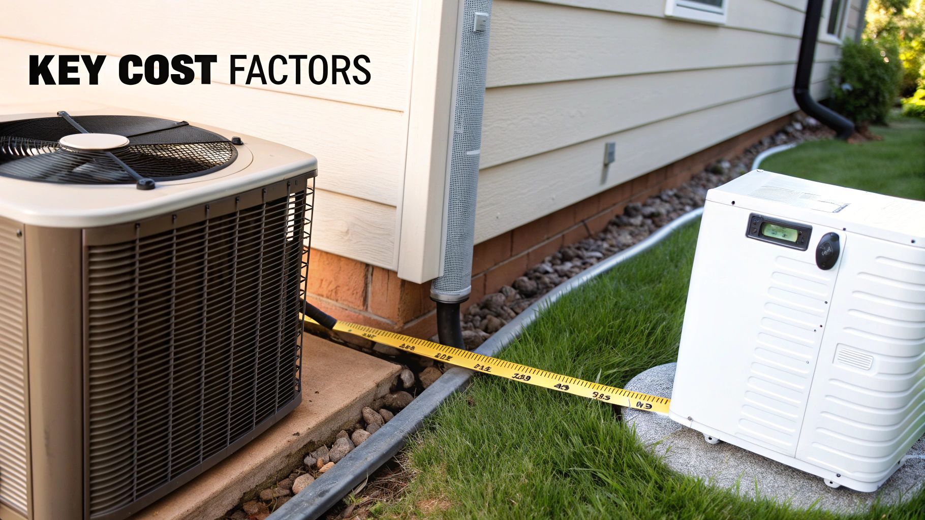 Your Guide to Air Conditioning Replacement Cost in Canada 2 An outdoor air conditioning unit, a white power generator, and a measuring tape on grass, illustrating key cost factors.