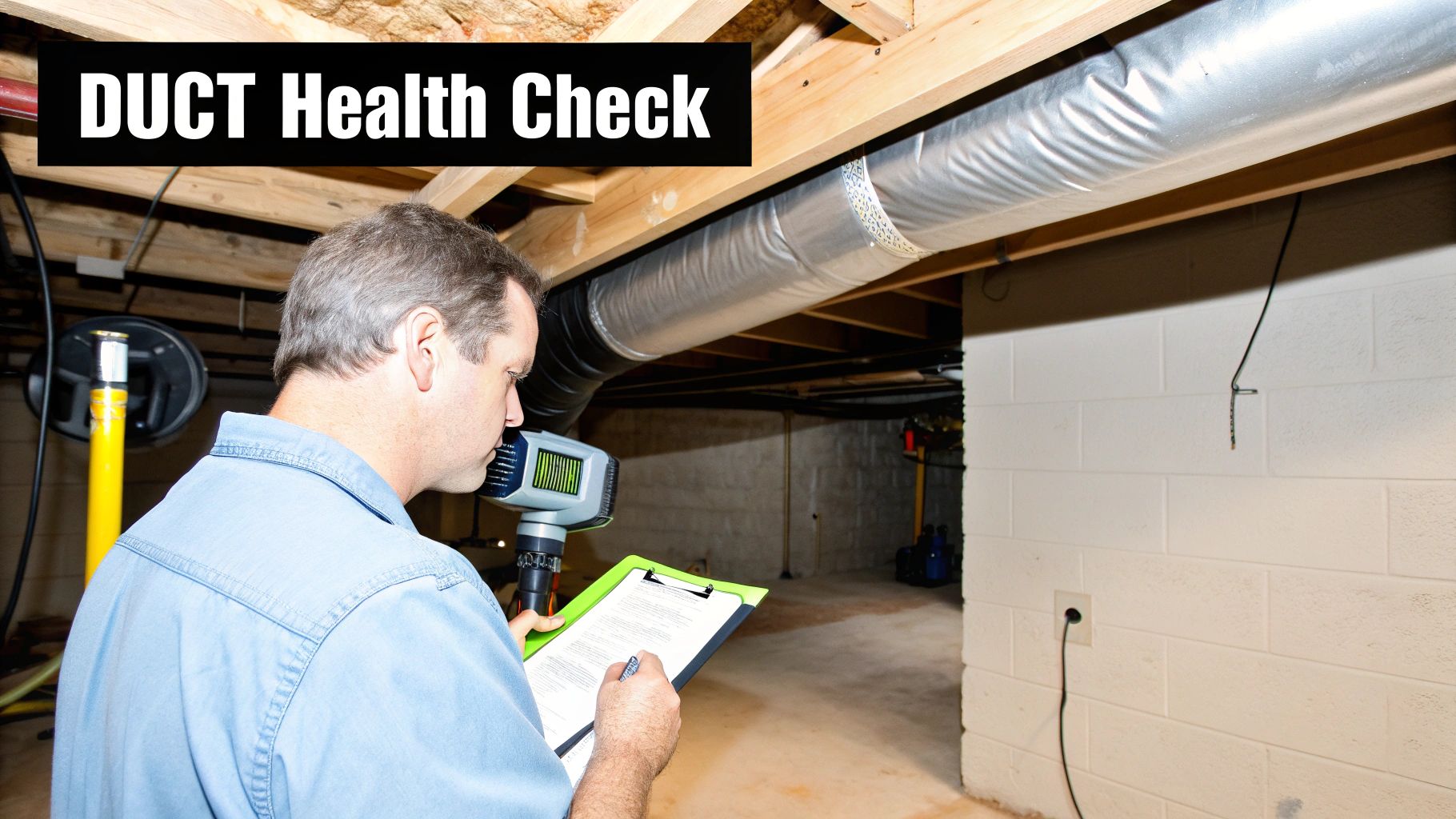 A man in a basement inspects air ducts with a device and clipboard under a 'DUCT Health Check' banner.