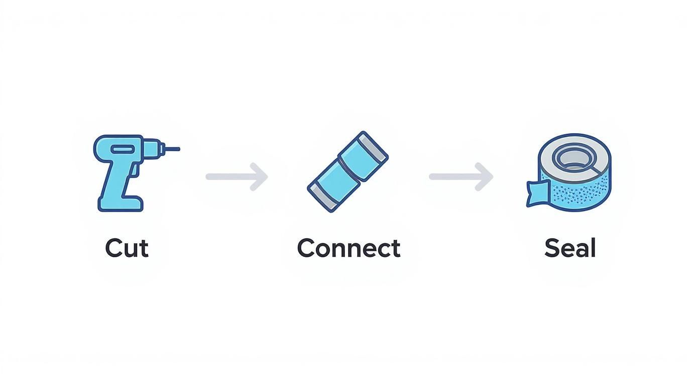 Three step process showing cut, connect, and seal steps for dryer vent installation with tools