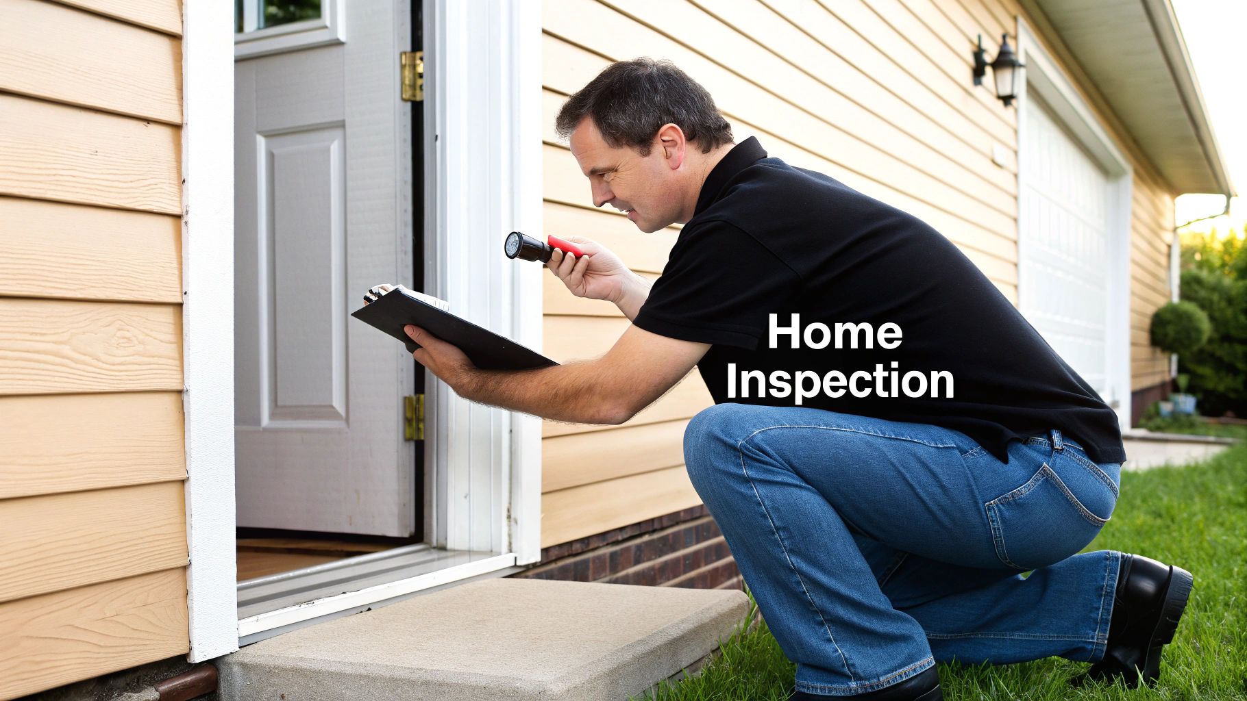 A professional home inspector examines the exterior of a house, holding a flashlight and clipboard.