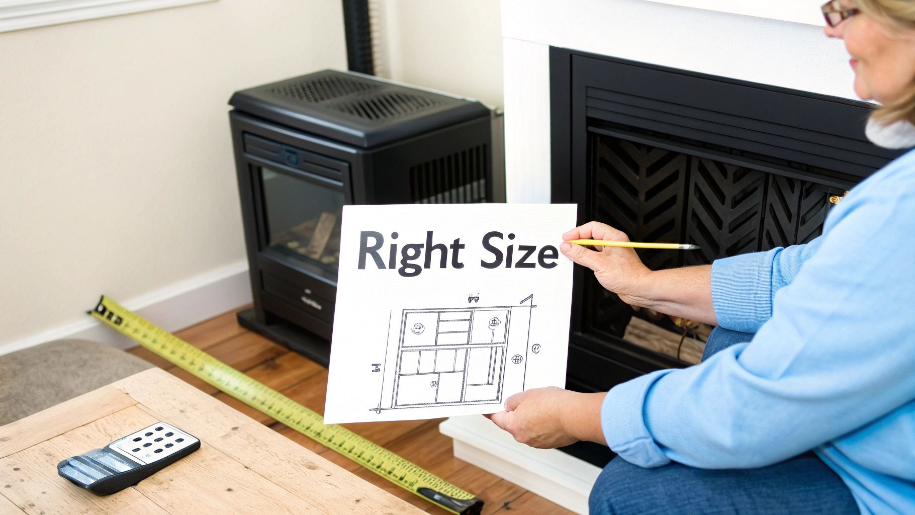 A person reviews a floor plan labeled 'Right Size' with a pencil, near a fireplace and measuring tape.