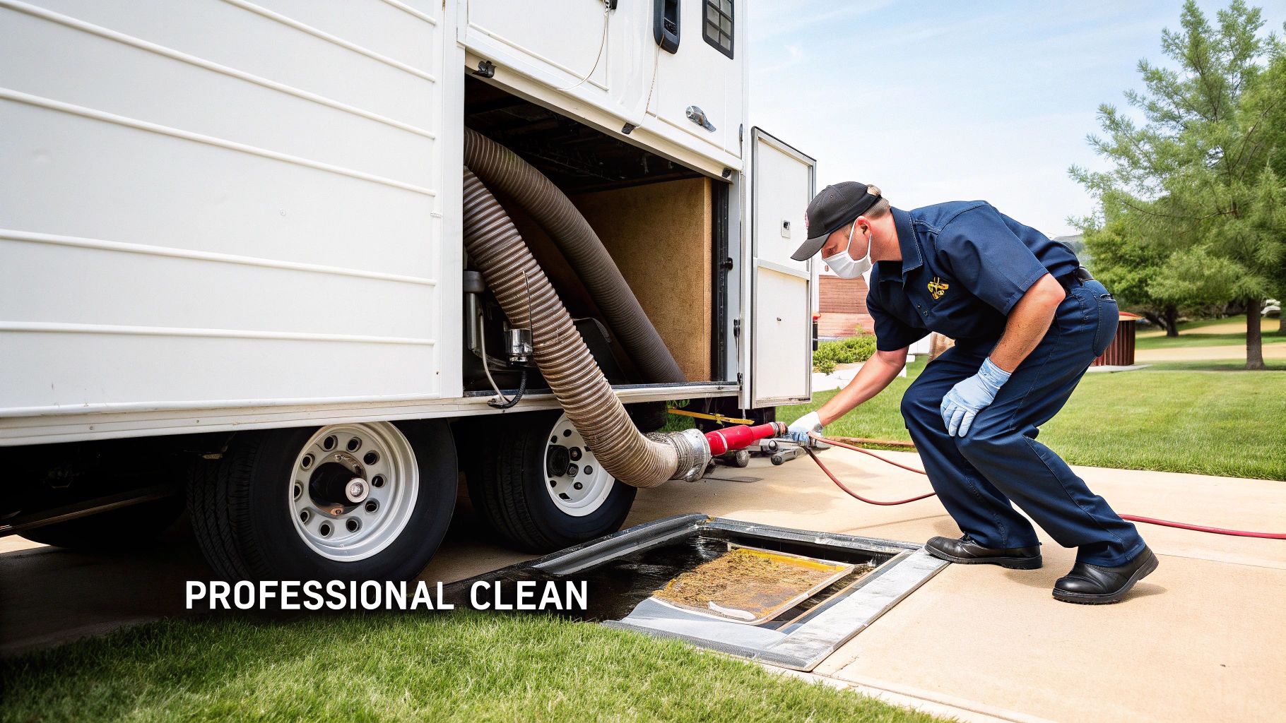 A professional in a mask and gloves uses a specialized hose from a trailer to clean an outdoor drain.