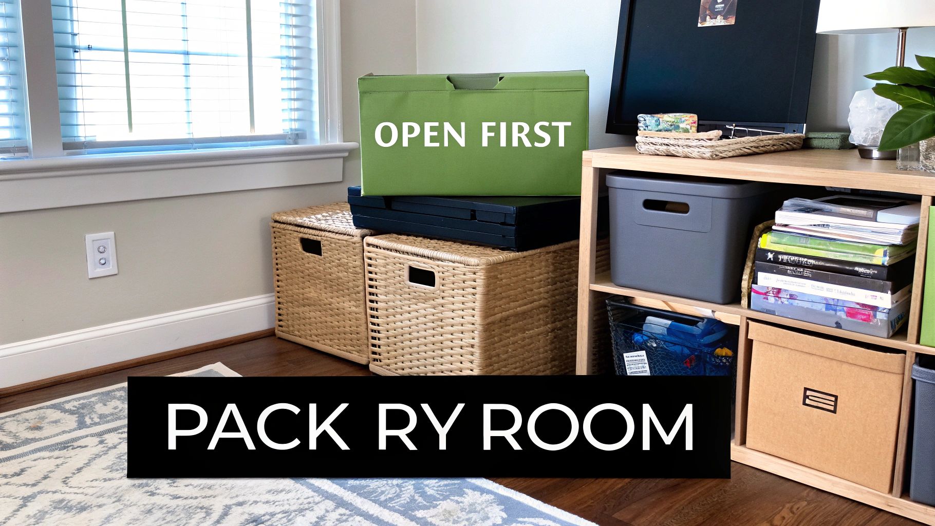 Your Ultimate Moving Into New House Checklist For 2025 2 A room with moving boxes, including a green 'OPEN FIRST' box, wicker baskets, and a storage shelf.