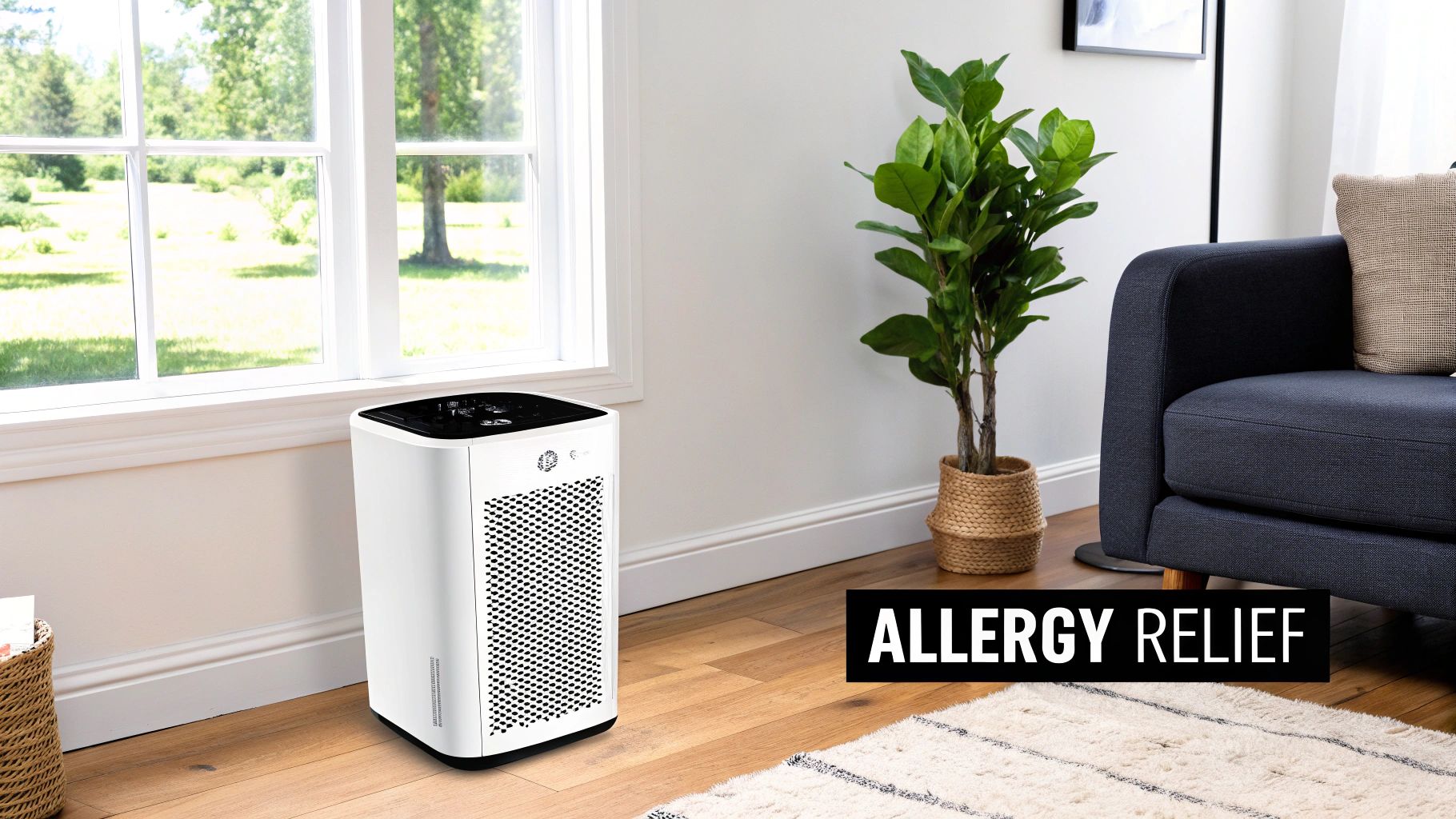A white air purifier stands on a wooden floor in a well-lit room, ideal for allergy relief.