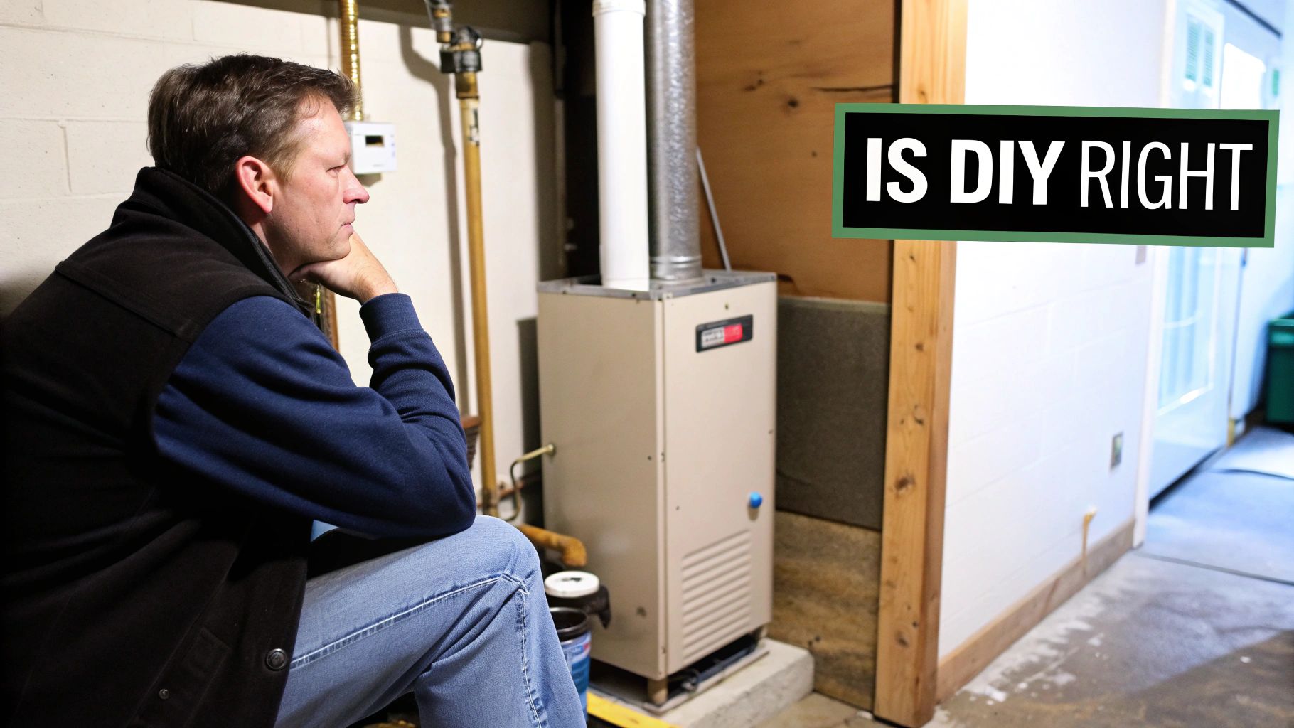 A person examining a residential furnace in a basement setting
