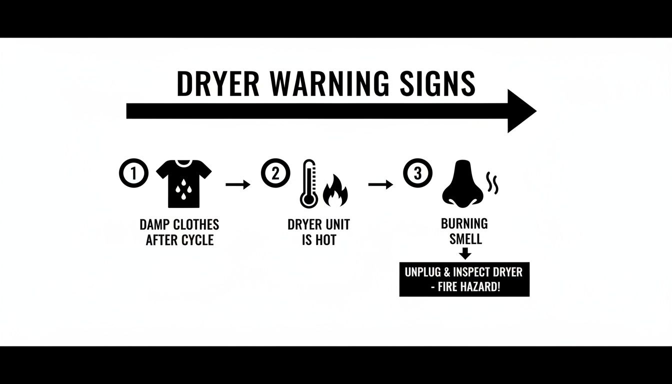 Dryer Duct Cleaning: Essential Guide to Prevent Fires and Save Energy 3 Infographic illustrating dryer warning signs: damp clothes, hot unit, and burning smell, leading to fire hazard.